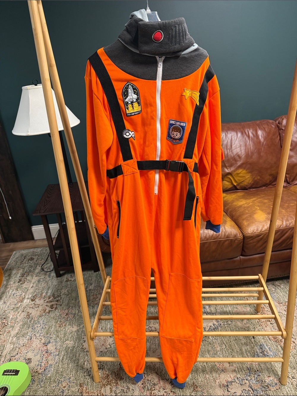 Men's Orange Space-Inspired Costume Jumpsuit with Black Trim